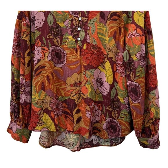 Jane Delancey Womens Floral Purple Gold Metallic Stripe Split Neck XL - Picture 3 of 7